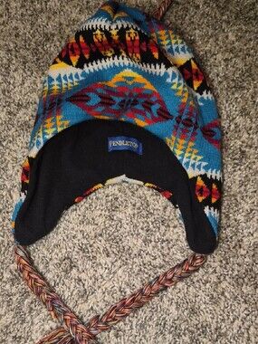 Pendleton Aztec Knit Earflap Hat in Blue, Yellow, Red